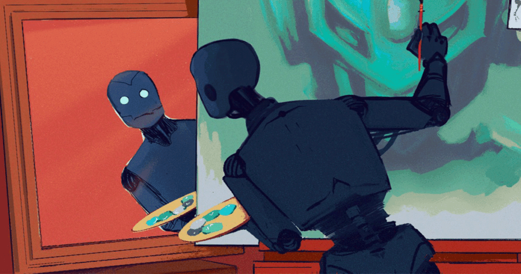 A humanoid robot painting on a canvas while glancing at its own reflection in a mirror, symbolizing questions of authorship and creativity in generative AI.