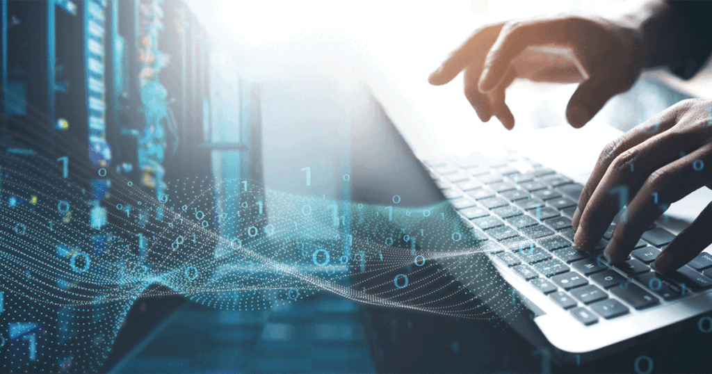 Hands typing on a laptop with floating binary code and server racks in background, symbolizing AI-generated content and digital copyright frameworks.