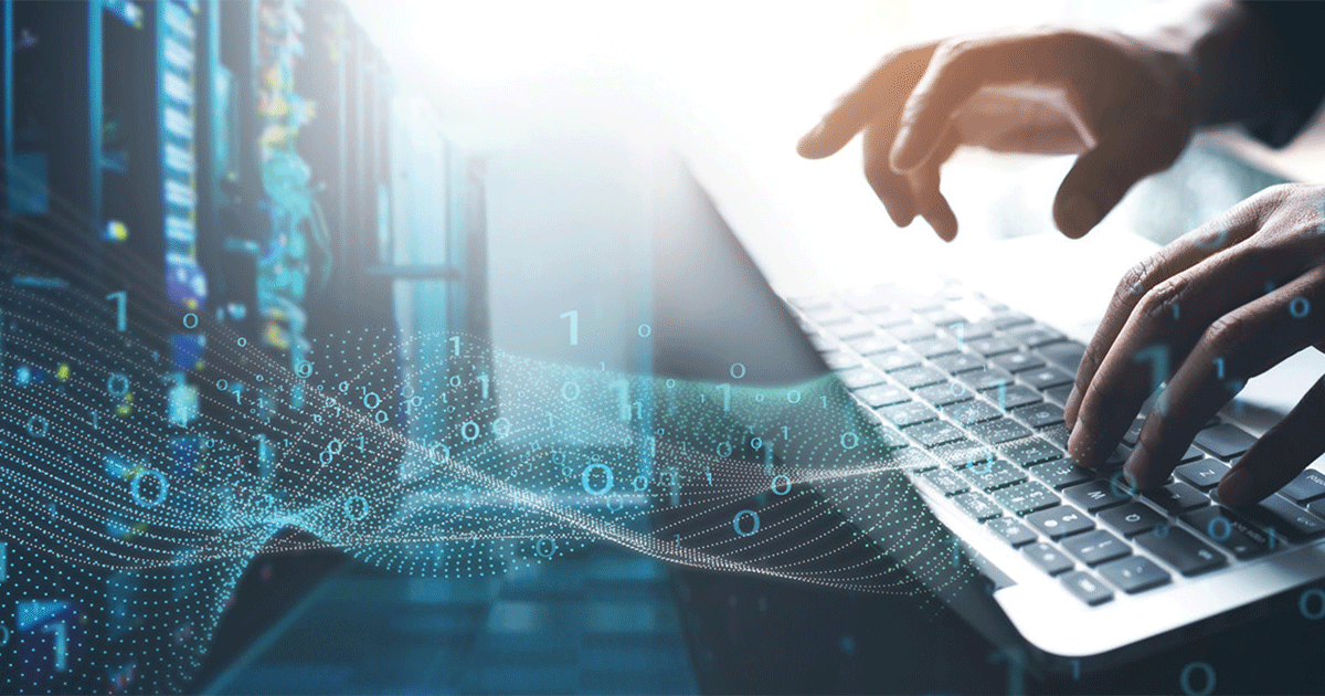 Hands typing on a laptop with floating binary code and server racks in background, symbolizing AI-generated content and digital copyright frameworks.