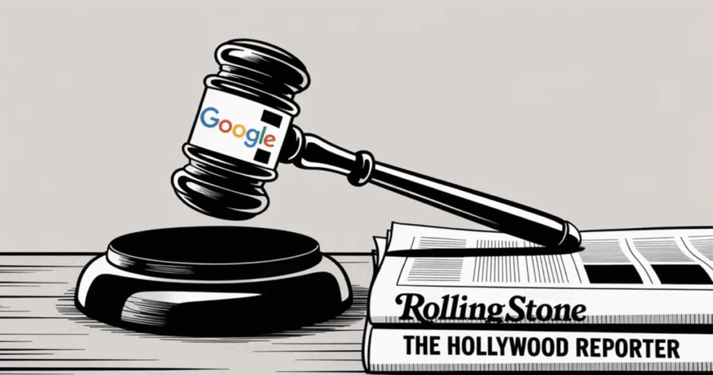 Illustration of a judge’s gavel labeled Google striking down on newspapers titled Rolling Stone and The Hollywood Reporter, symbolizing Penske Media’s lawsuit over AI Overviews.