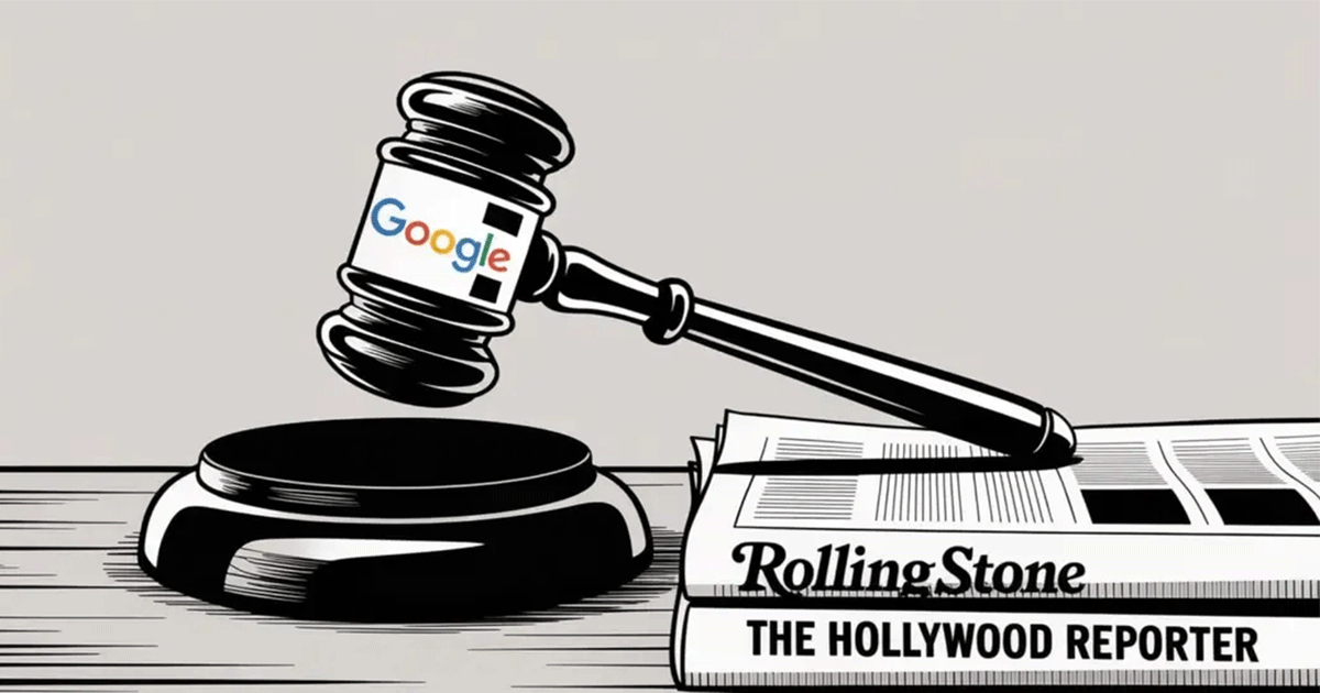 Illustration of a judge’s gavel labeled Google striking down on newspapers titled Rolling Stone and The Hollywood Reporter, symbolizing Penske Media’s lawsuit over AI Overviews.